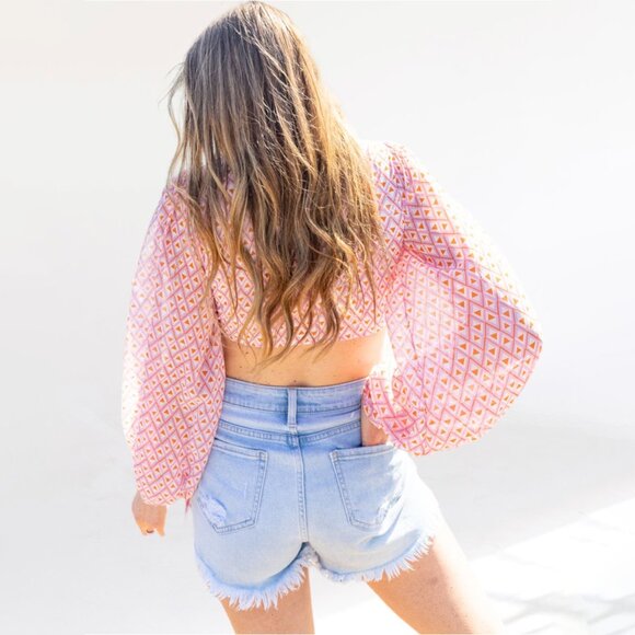 Pink & Orange Printed Long Sleeve Crop Top Keyhole Design Summer - Picture 7 of 13